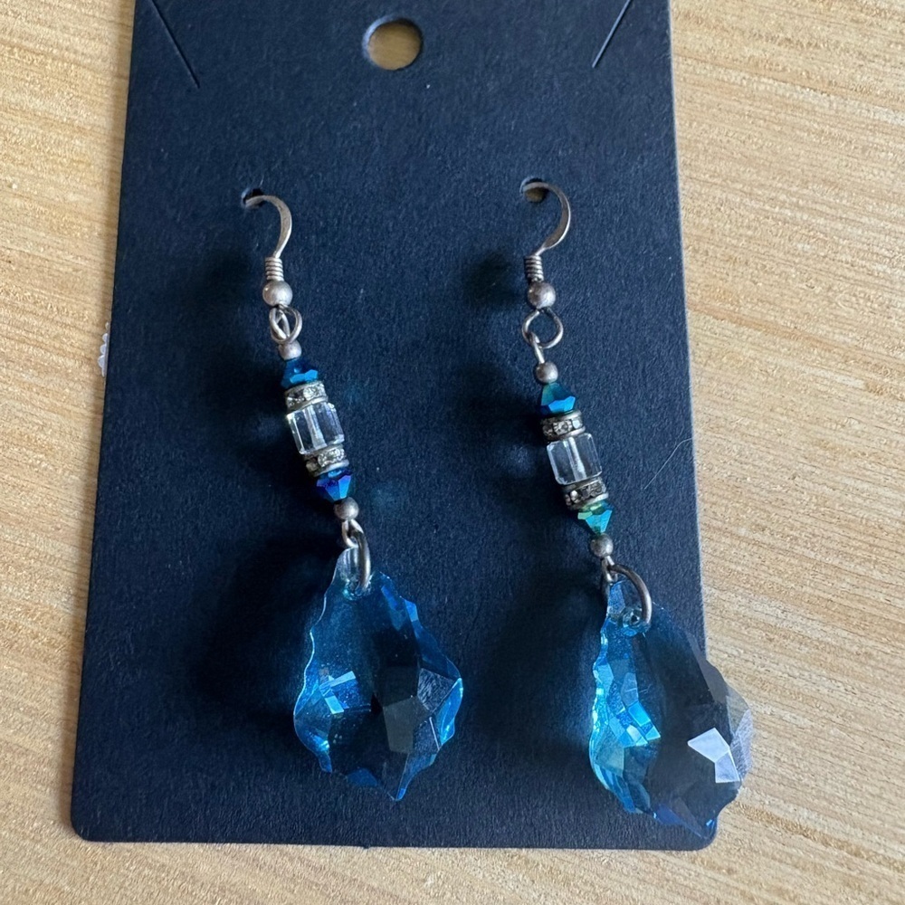 Blue and Silver Teardrop Earrings with Crystal Pendants